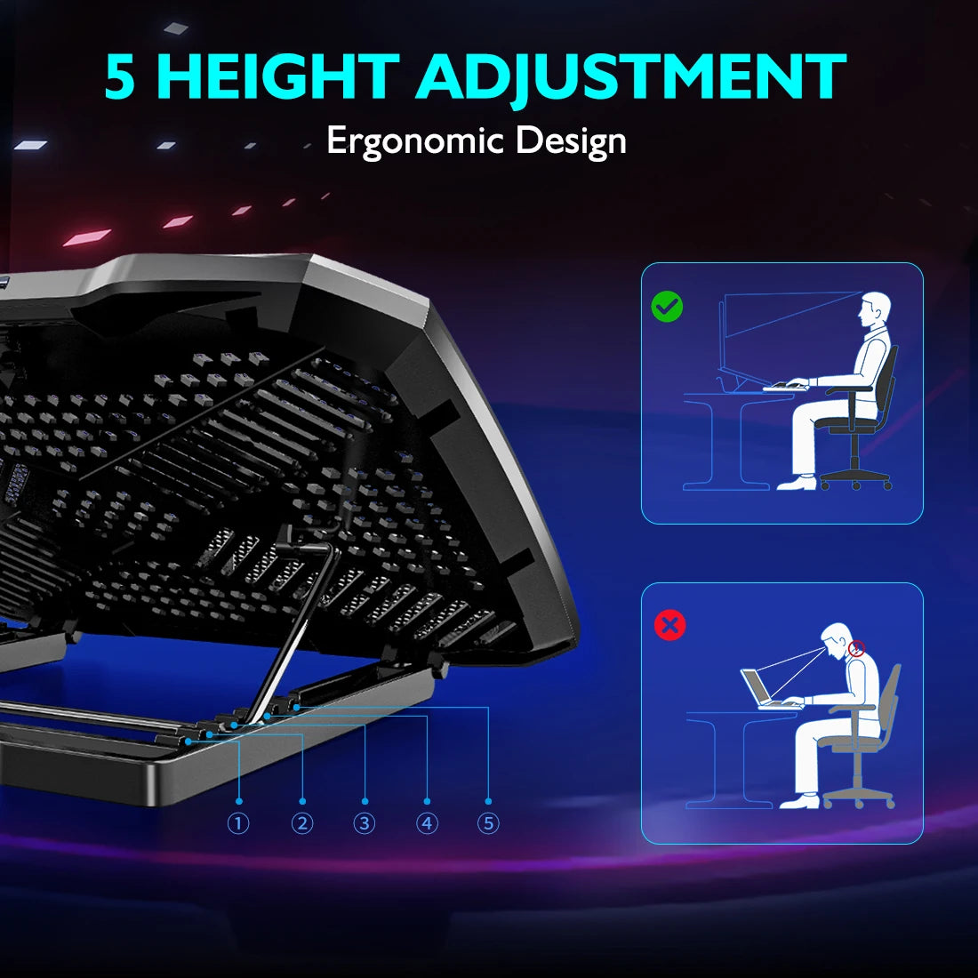 Laptop Cooling Pad with 5 Fans – Adjustable Stand for 12–17" Laptops