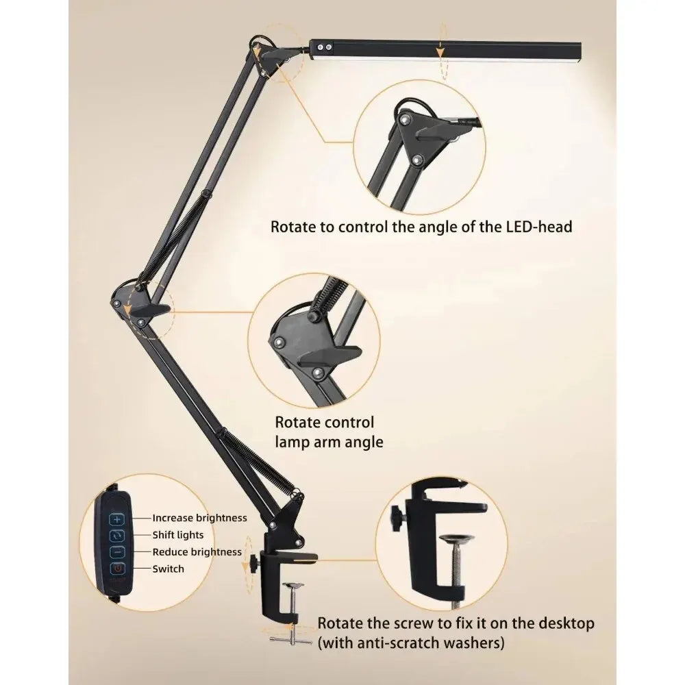 LED Desk Lamp with Clamp – Dimmable Swing Arm Task Light