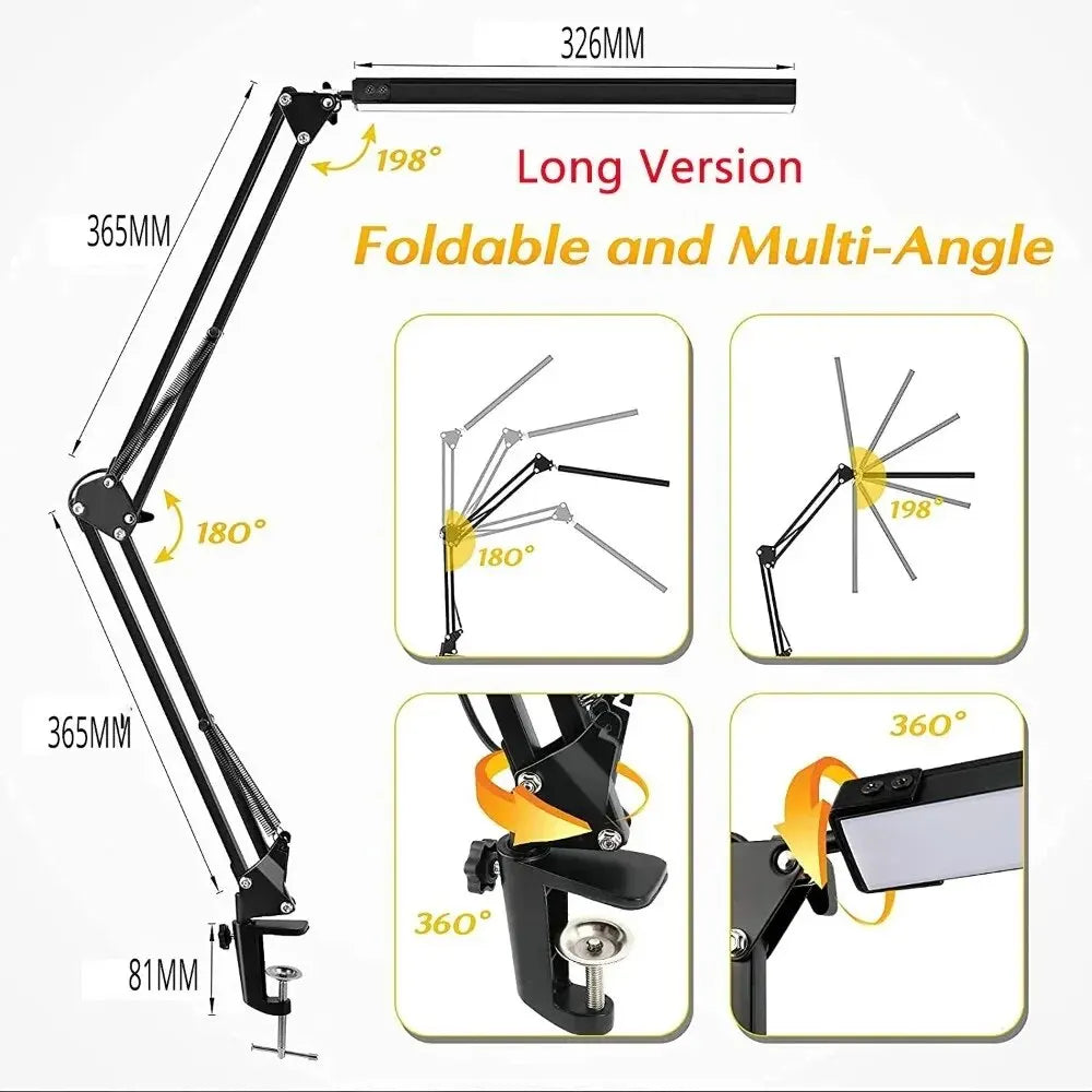 LED Desk Lamp with Clamp – Dimmable Swing Arm Task Light