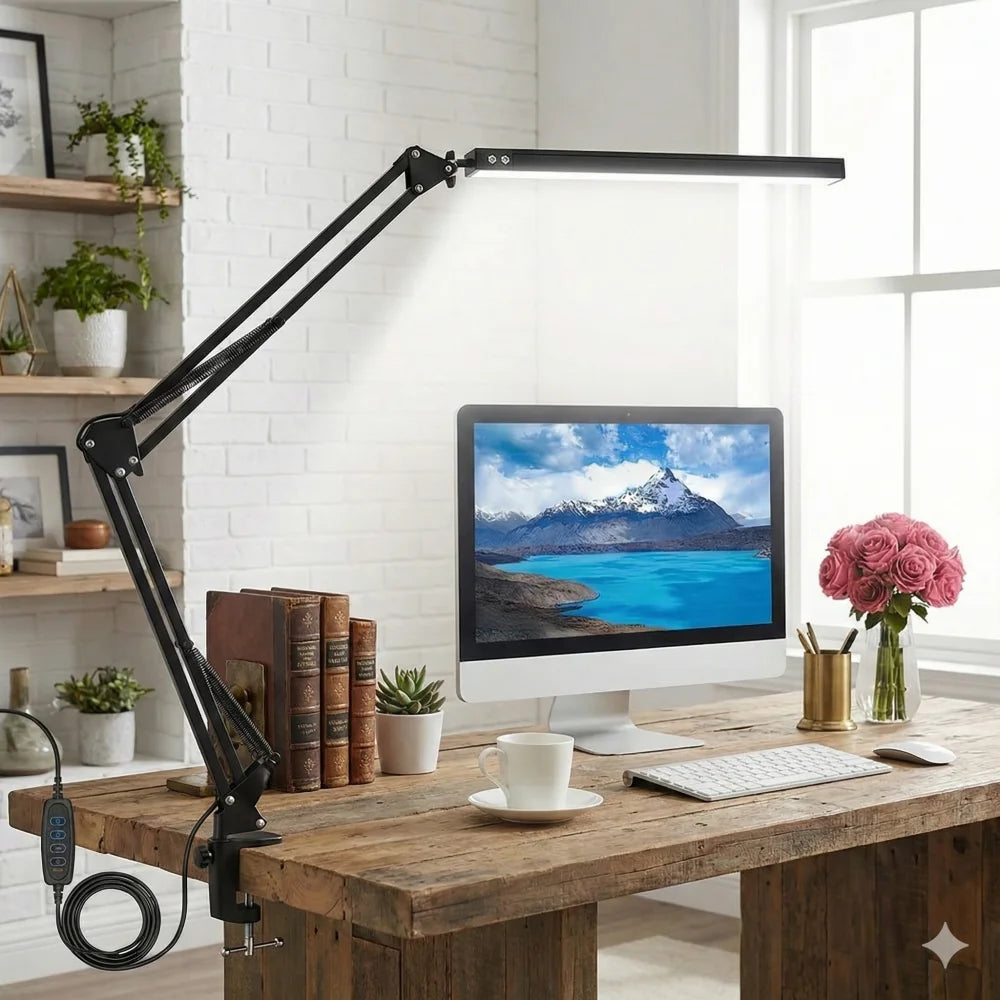 LED Desk Lamp with Clamp – Dimmable Swing Arm Task Light