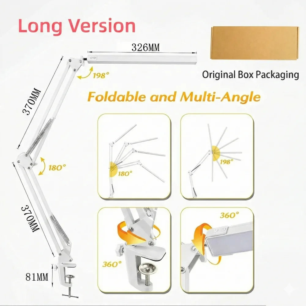 LED Desk Lamp with Clamp – Dimmable Swing Arm Task Light